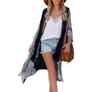 Moss Rose Women’s Beach Cover up Swimsuit Kimono with Bohemian Floral Print, Loose Casual Resort Wear(B Black Ribbon)
