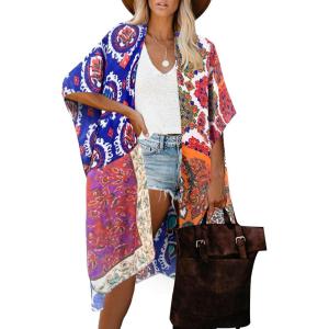 Moss Rose Women’s Beach Cover up Swimsuit Kimono with Bohemian Floral Print, Loose Casual Resort Wear(D Dark Blue Orange)