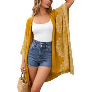Moss Rose Women’s Beach Cover up Swimsuit Kimono with Bohemian Floral Print, Loose Casual Resort Wear(Mustard)