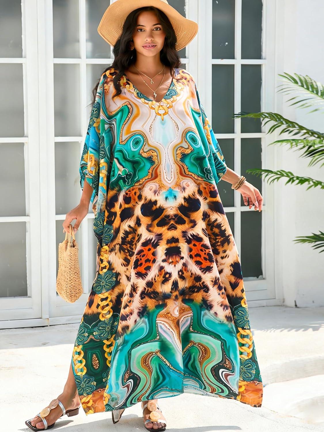 imageMoss Rose Women Caftan Dress V Neck Batwing Sleeve Floral Print Beach Swimsuit Coverup Moo Moos Loungewear Plus SizeA Leopard Abstract
