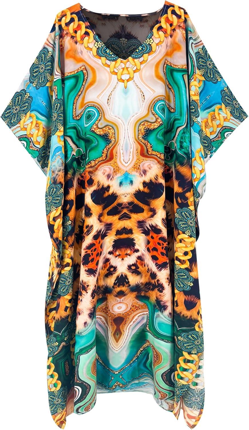 imageMoss Rose Women Caftan Dress V Neck Batwing Sleeve Floral Print Beach Swimsuit Coverup Moo Moos Loungewear Plus SizeA Leopard Abstract