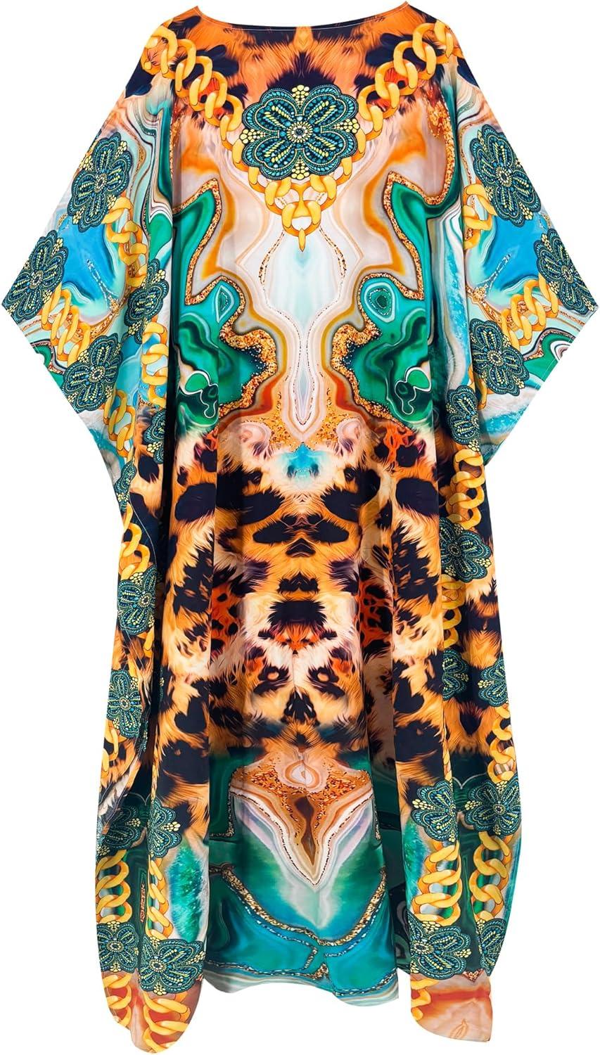 imageMoss Rose Women Caftan Dress V Neck Batwing Sleeve Floral Print Beach Swimsuit Coverup Moo Moos Loungewear Plus SizeA Leopard Abstract