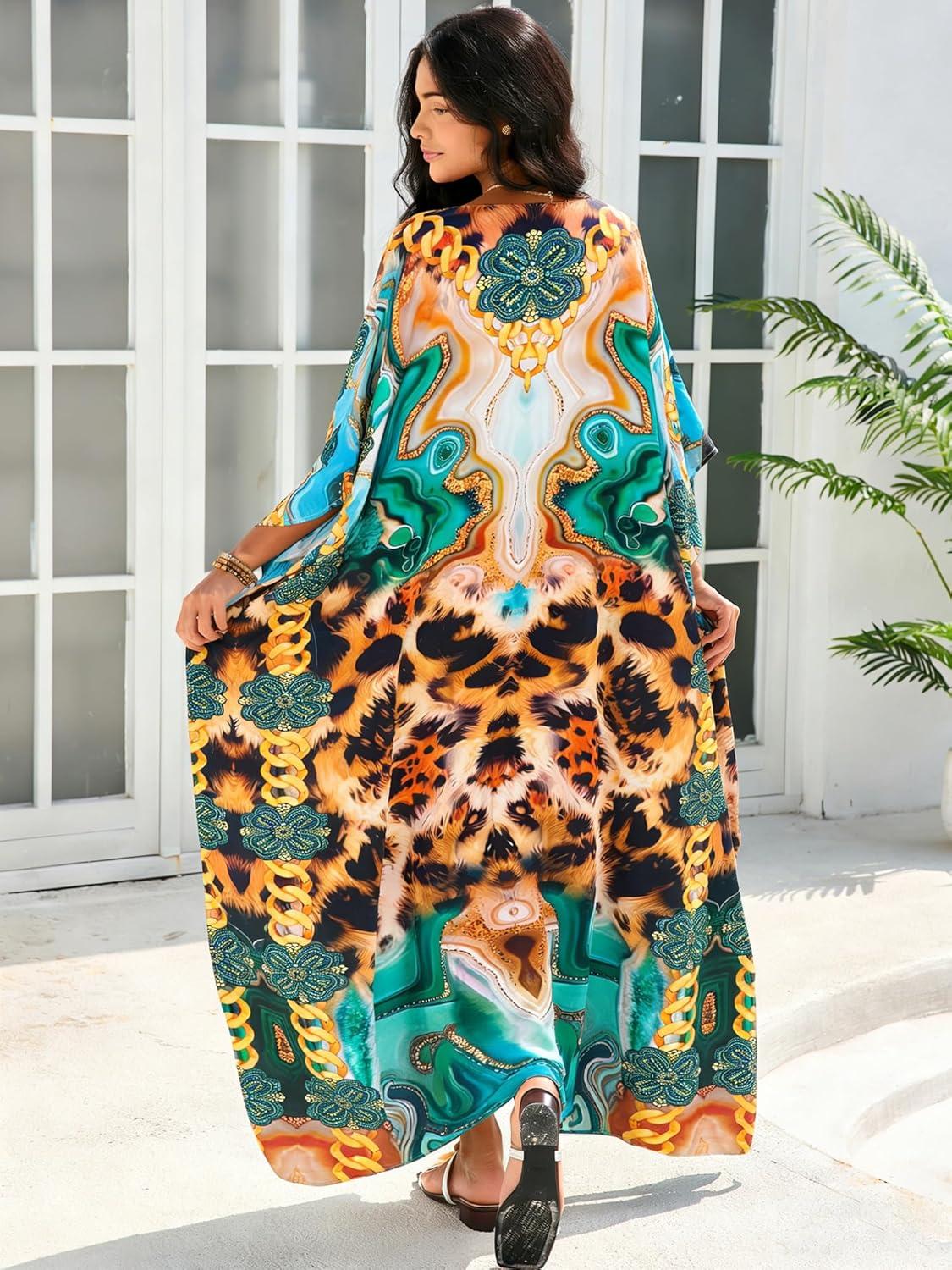 imageMoss Rose Women Caftan Dress V Neck Batwing Sleeve Floral Print Beach Swimsuit Coverup Moo Moos Loungewear Plus SizeA Leopard Abstract