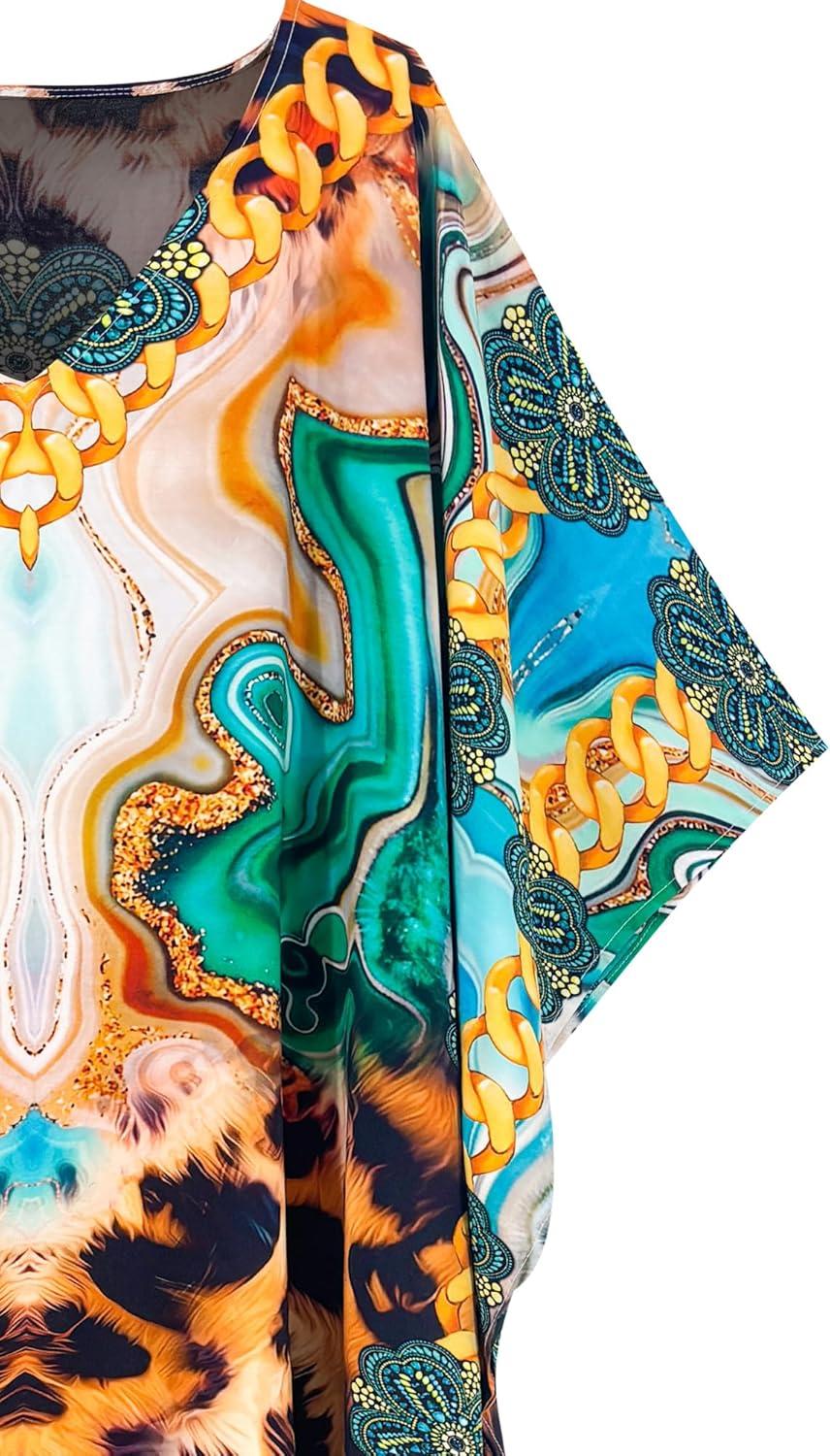 imageMoss Rose Women Caftan Dress V Neck Batwing Sleeve Floral Print Beach Swimsuit Coverup Moo Moos Loungewear Plus SizeA Leopard Abstract