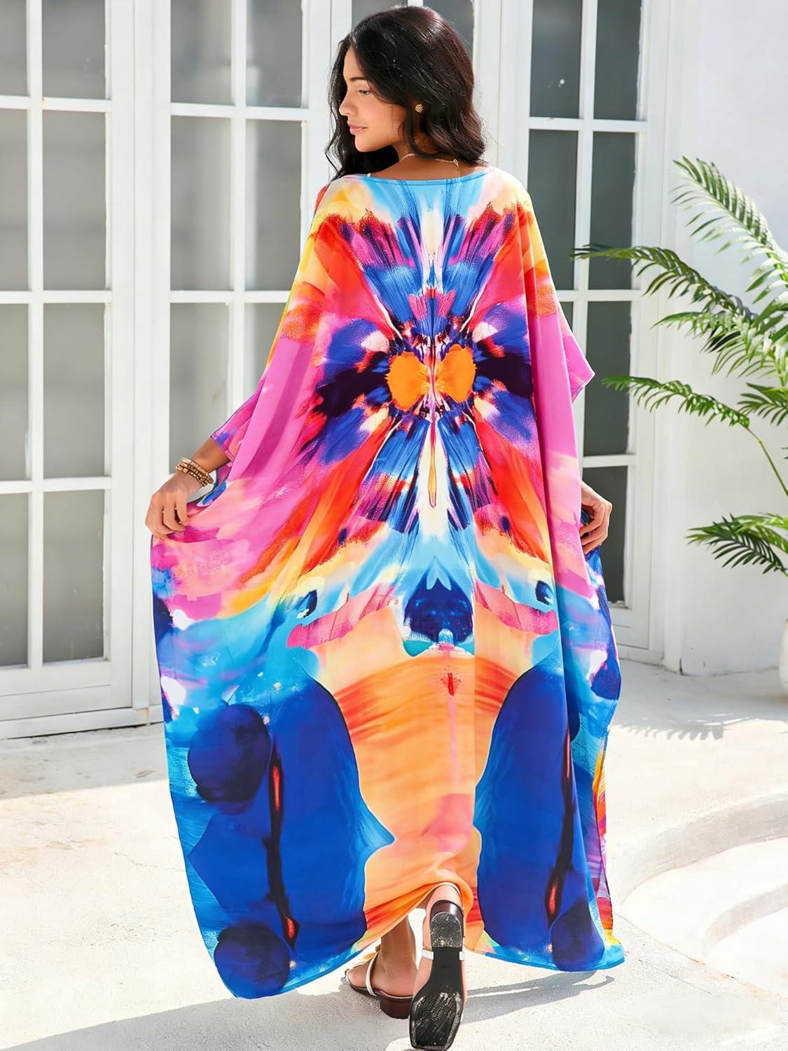imageMoss Rose Women Caftan Dress V Neck Batwing Sleeve Floral Print Beach Swimsuit Coverup Moo Moos Loungewear Plus SizeA Multicolor Abstract 1