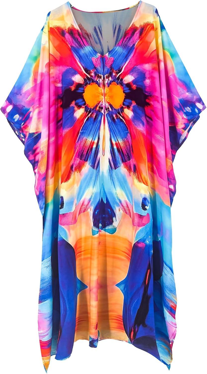 imageMoss Rose Women Caftan Dress V Neck Batwing Sleeve Floral Print Beach Swimsuit Coverup Moo Moos Loungewear Plus SizeA Multicolor Abstract 1