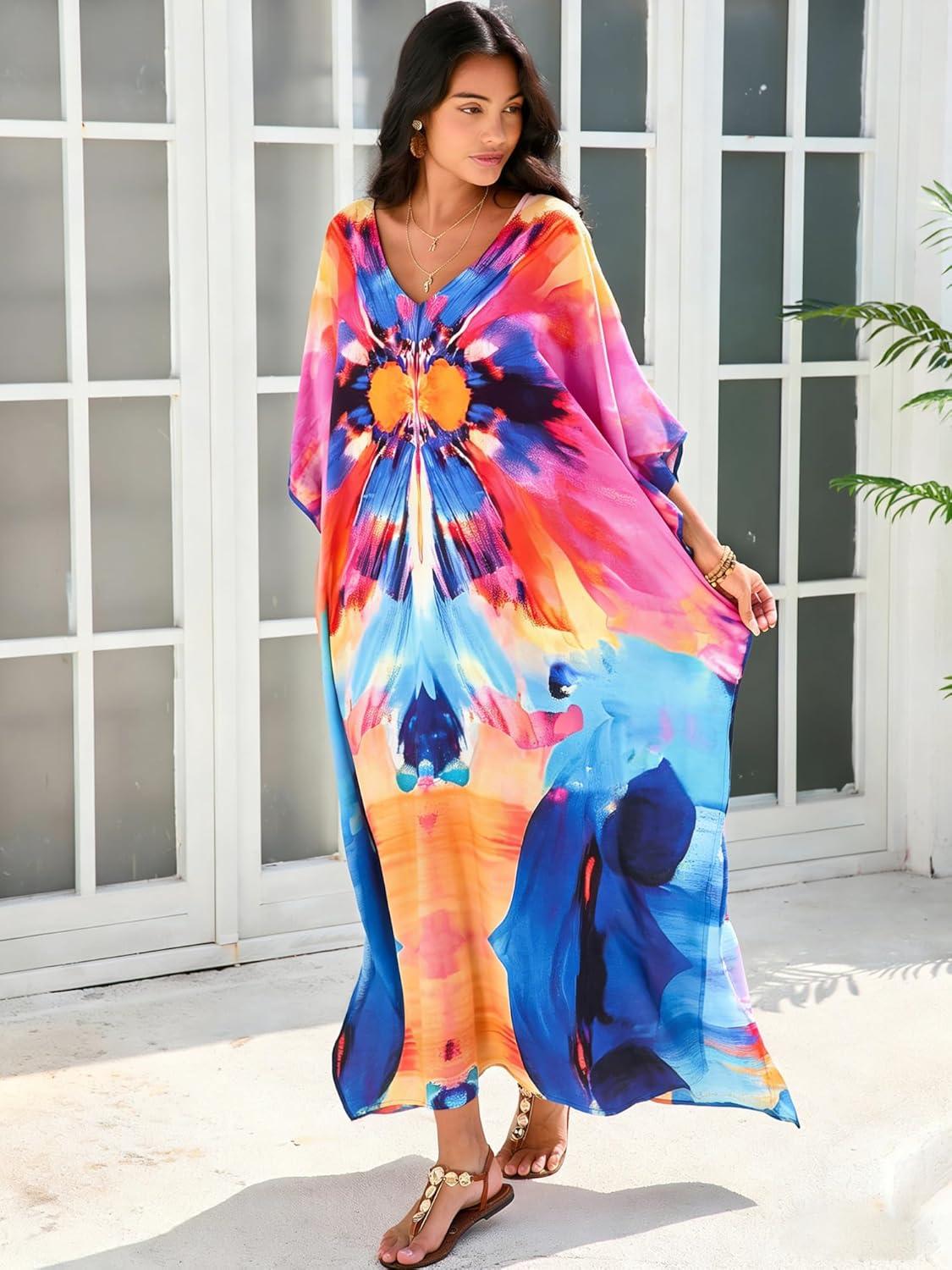 imageMoss Rose Women Caftan Dress V Neck Batwing Sleeve Floral Print Beach Swimsuit Coverup Moo Moos Loungewear Plus SizeA Multicolor Abstract 1