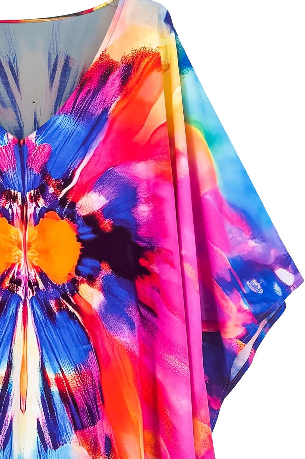 imageMoss Rose Women Caftan Dress V Neck Batwing Sleeve Floral Print Beach Swimsuit Coverup Moo Moos Loungewear Plus SizeA Multicolor Abstract 1