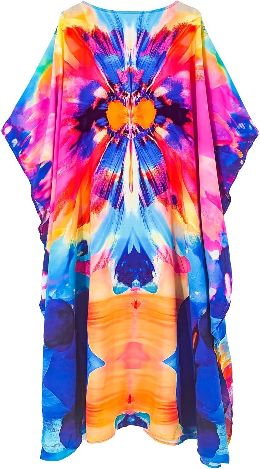 imageMoss Rose Women Caftan Dress V Neck Batwing Sleeve Floral Print Beach Swimsuit Coverup Moo Moos Loungewear Plus SizeA Multicolor Abstract 1