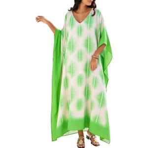 Moss Rose Women Caftan Dress V Neck Batwing Sleeve Floral Print Beach Swimsuit Coverup Moo Moos Loungewear Plus Size(A Green White)