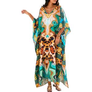 Moss Rose Women Caftan Dress V Neck Batwing Sleeve Floral Print Beach Swimsuit Coverup Moo Moos Loungewear Plus Size(A Leopard Abstract)