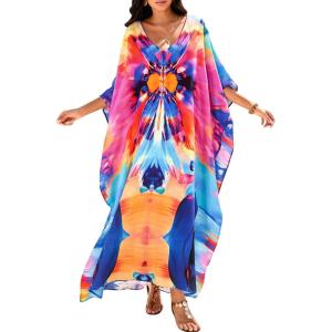 Moss Rose Women Caftan Dress V Neck Batwing Sleeve Floral Print Beach Swimsuit Coverup Moo Moos Loungewear Plus Size(A Multicolor Abstract 1)