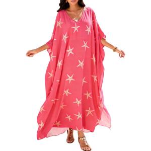 Moss Rose Women Caftan Dress V Neck Batwing Sleeve Floral Print Beach Swimsuit Coverup Moo Moos Loungewear Plus Size(A Pink Starfish)