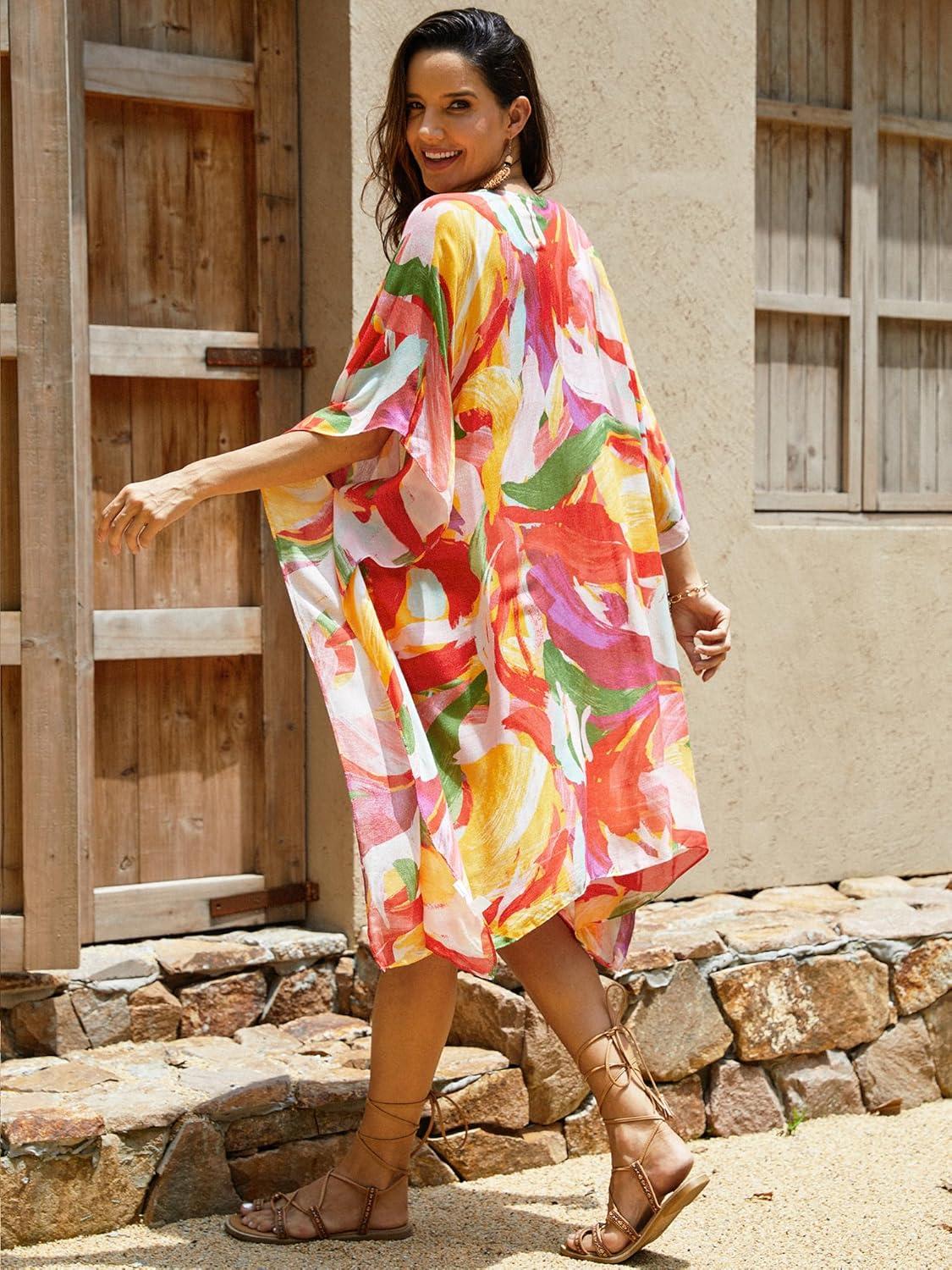 image:imageMoss Rose Womens Swimsuit Cover up Beach Kaftan for Bathing Suit with Floral PatternB Colorful Red 1