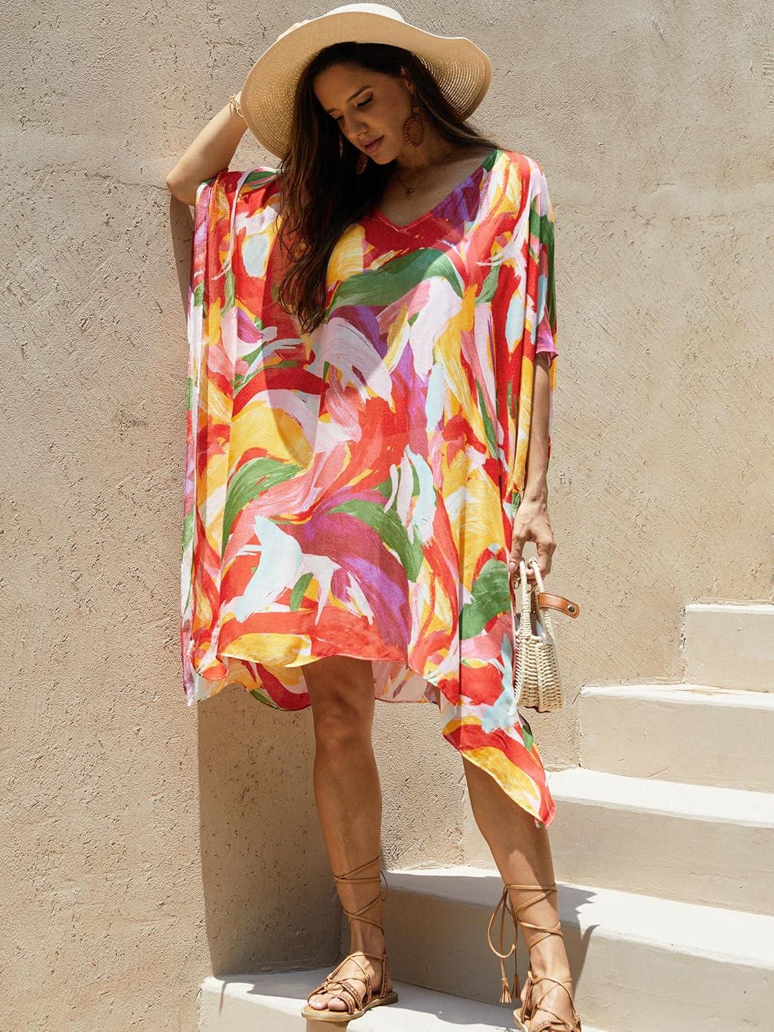 image:imageMoss Rose Womens Swimsuit Cover up Beach Kaftan for Bathing Suit with Floral PatternB Colorful Red 1