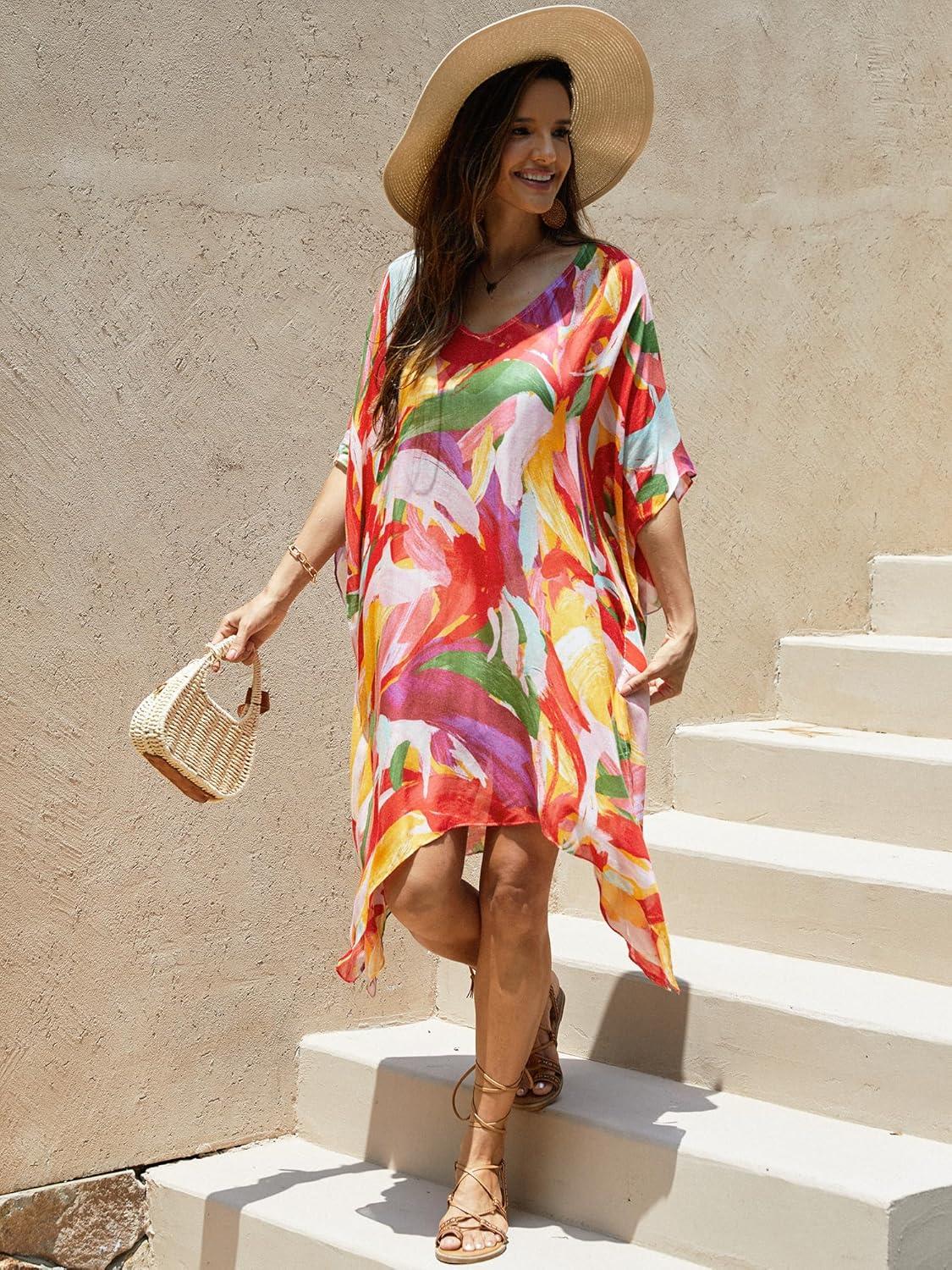 image:imageMoss Rose Womens Swimsuit Cover up Beach Kaftan for Bathing Suit with Floral PatternB Colorful Red 1