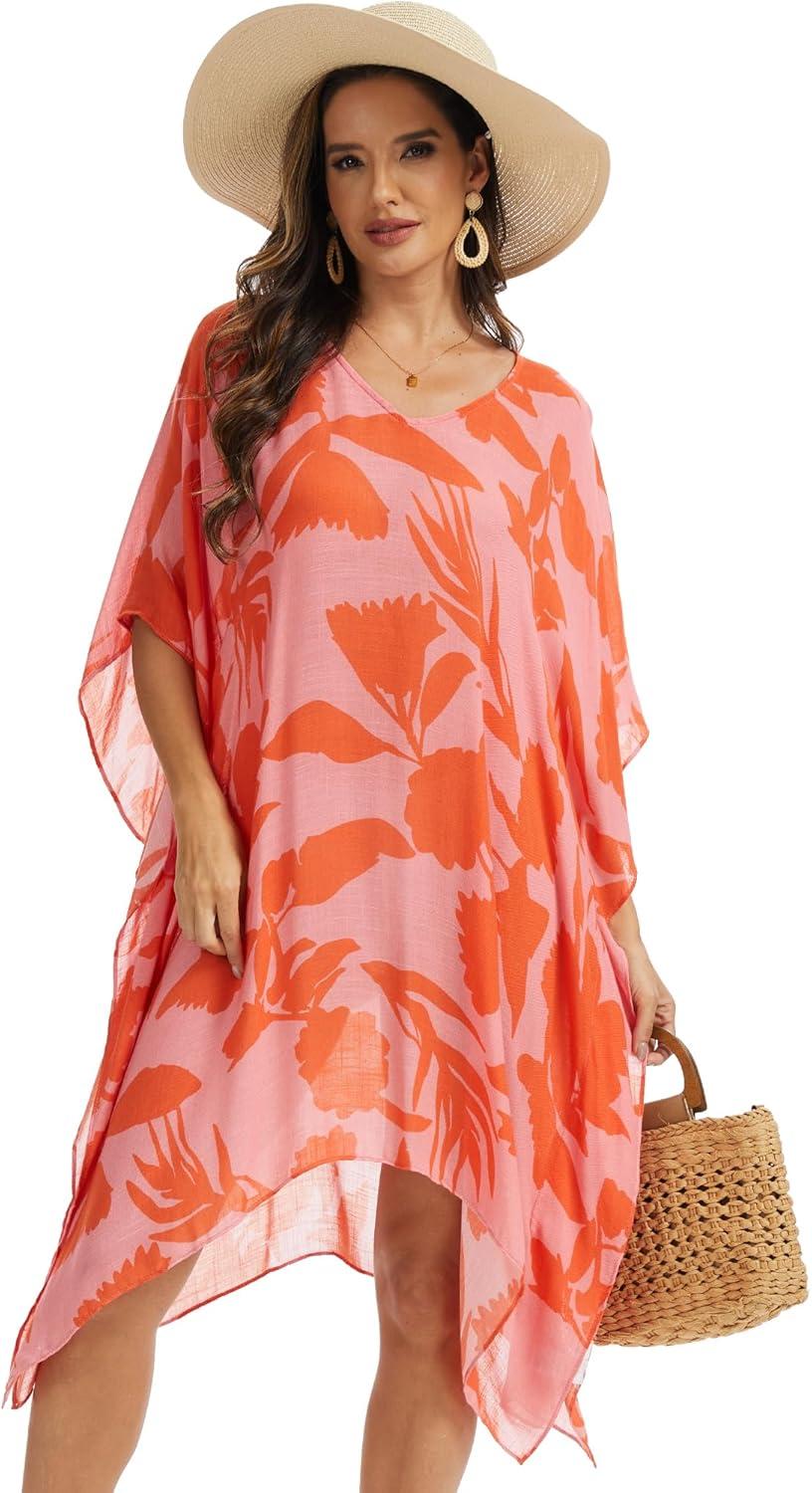 image:imageMoss Rose Womens Swimsuit Cover up Beach Kaftan for Bathing Suit with Floral PatternB Red Floral