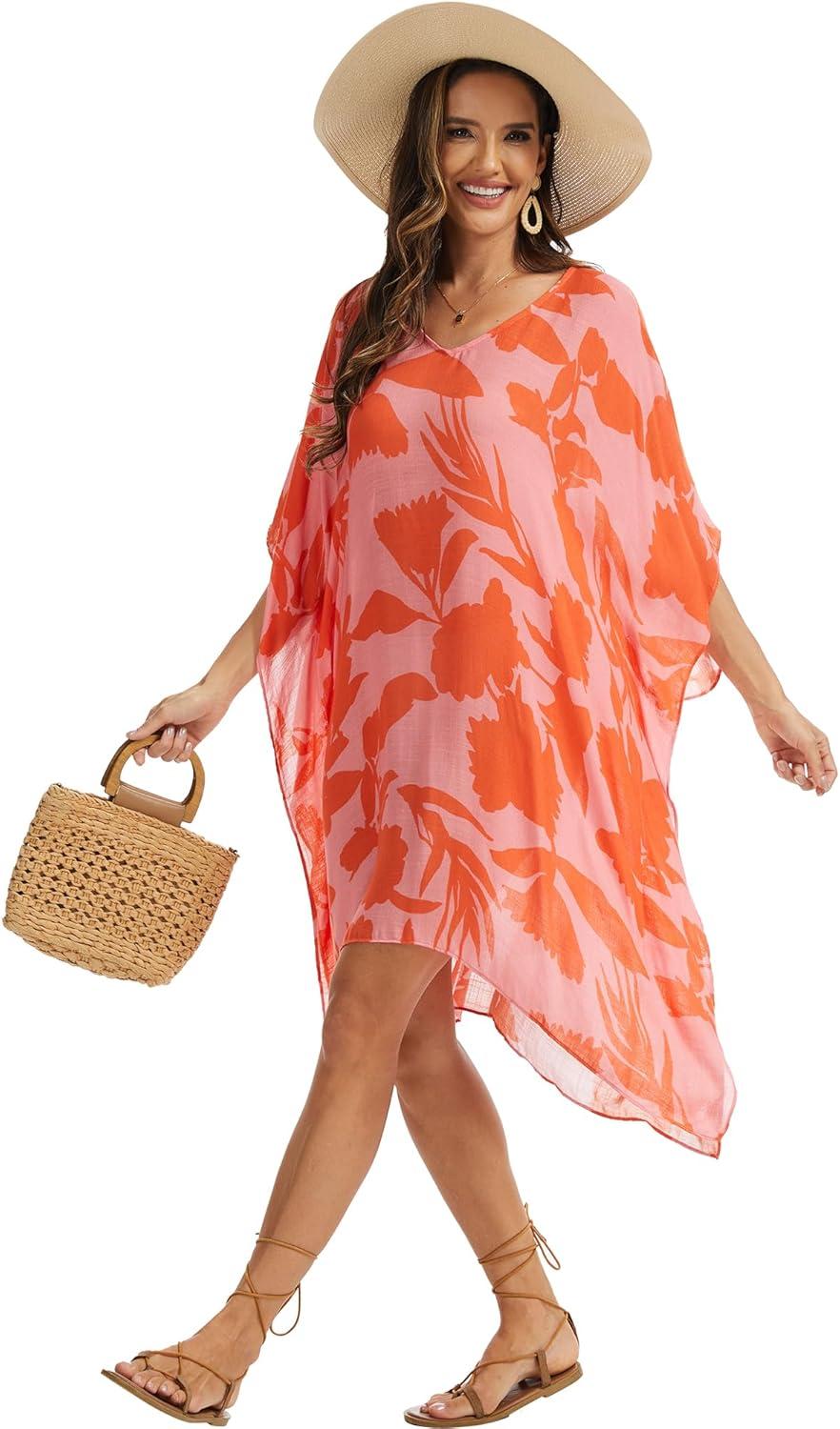 image:imageMoss Rose Womens Swimsuit Cover up Beach Kaftan for Bathing Suit with Floral PatternB Red Floral