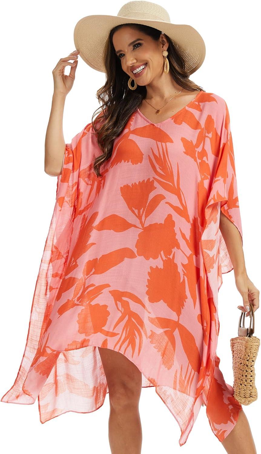 image:imageMoss Rose Womens Swimsuit Cover up Beach Kaftan for Bathing Suit with Floral PatternB Red Floral
