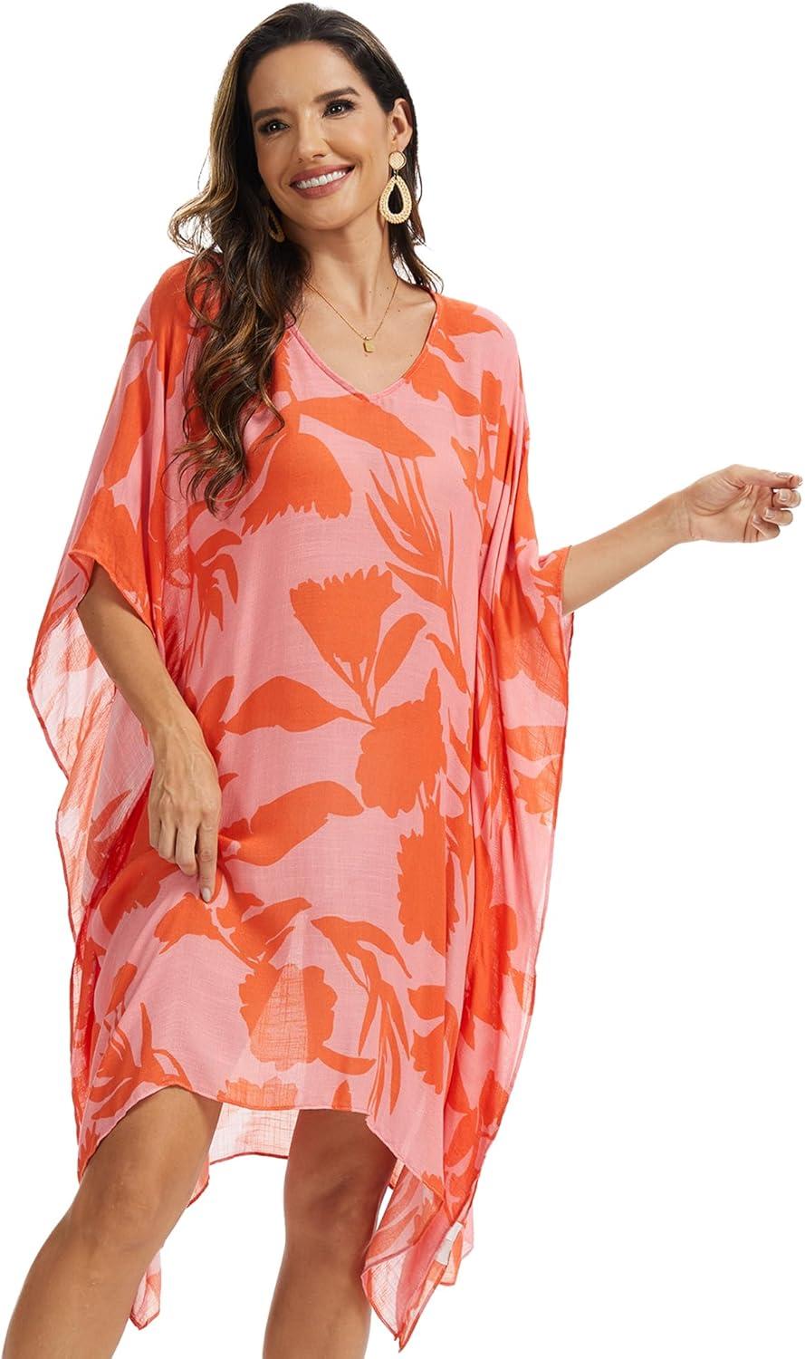 image:imageMoss Rose Womens Swimsuit Cover up Beach Kaftan for Bathing Suit with Floral PatternB Red Floral
