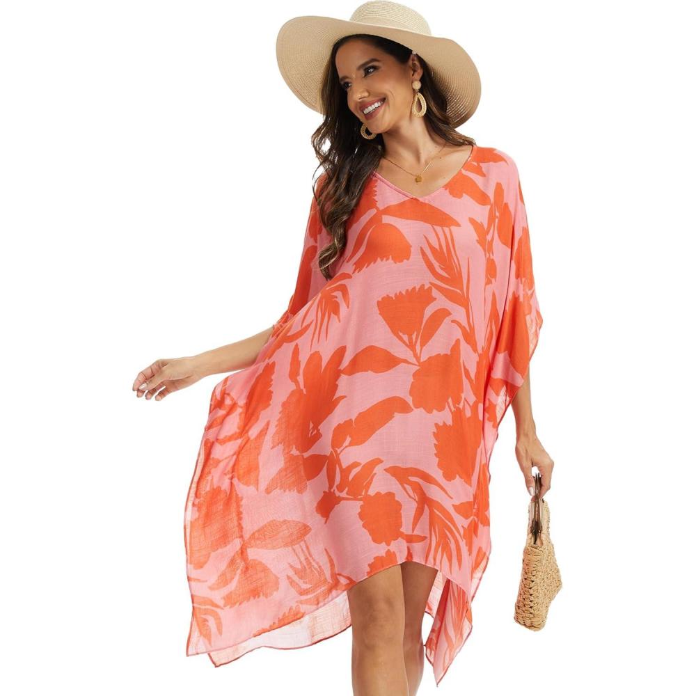 image:imageMoss Rose Womens Swimsuit Cover up Beach Kaftan for Bathing Suit with Floral PatternB Red Floral