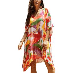 Moss Rose Women’s Swimsuit Cover up Beach Kaftan for Bathing Suit with Floral Pattern(B Colorful Red 1)