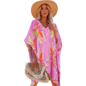 Moss Rose Women’s Swimsuit Cover up Beach Kaftan for Bathing Suit with Floral Pattern(B Fuchsia Floral)