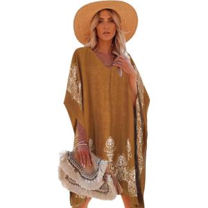 Moss Rose Women’s Swimsuit Cover up Beach Kaftan for Bathing Suit with Floral Pattern(E Khaki Print)